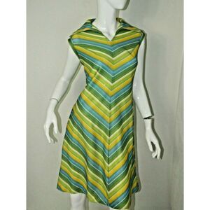 Vintage Cora’s Closet Dress Yellow Blue Green Striped‎ 60's Dress Size Small
